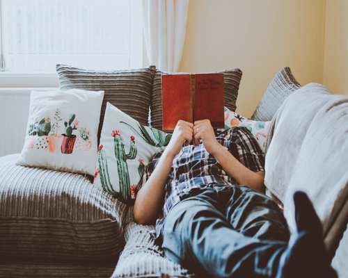 Person resting comfortably on a sofa with a book